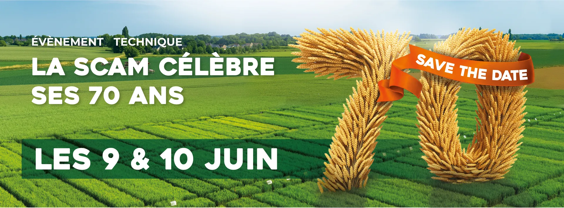 visuel de champ avec le chiffre 70 en bl&eacute; et les dates de l'&eacute;v&eacute;nement 