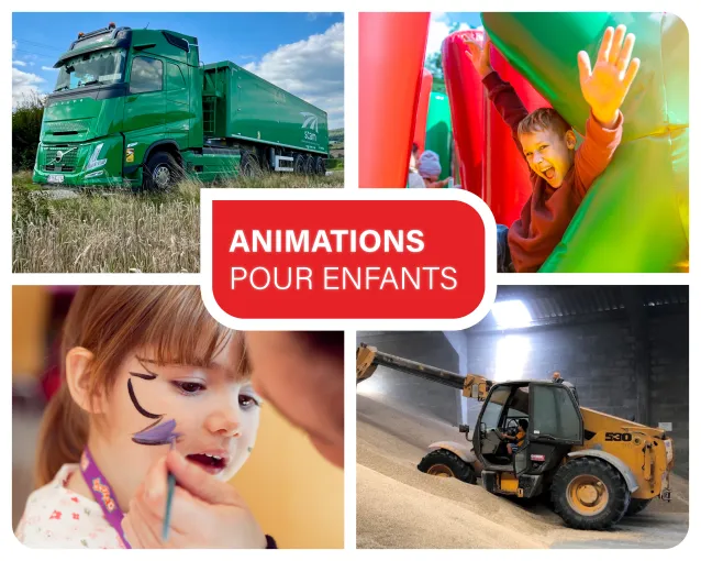 visuel représentant un camion SCAM, un enfant dans un chateau gonflable, un enfant se faisant maquiller et un manitou 