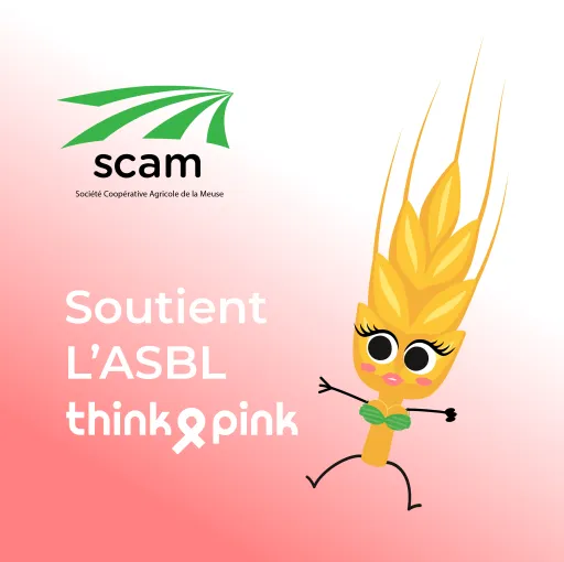 Fond rose Mascotte Scamie avec un soutien gorge ainsi que le logo SCAM et le message soutient l'asbl Think Pink